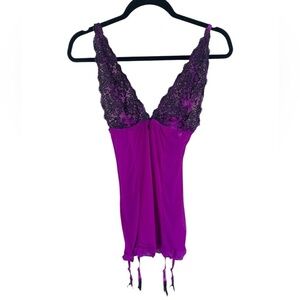 Dreamgirl Purple Lace Babydoll Chemise Garter Ties Size Small Women’s Black